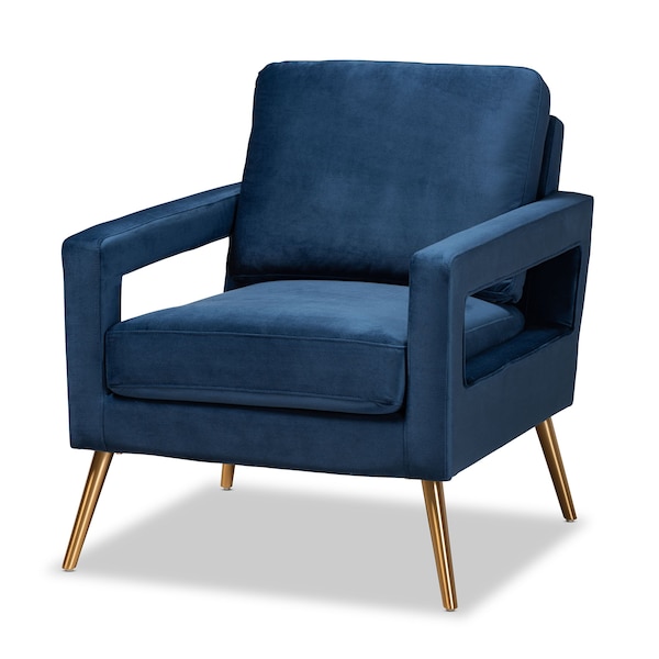 Baxton Studio Leland Glam and Luxe Navy Blue Velvet Fabric and Gold Finished Armchair 182-11446-Zoro - main